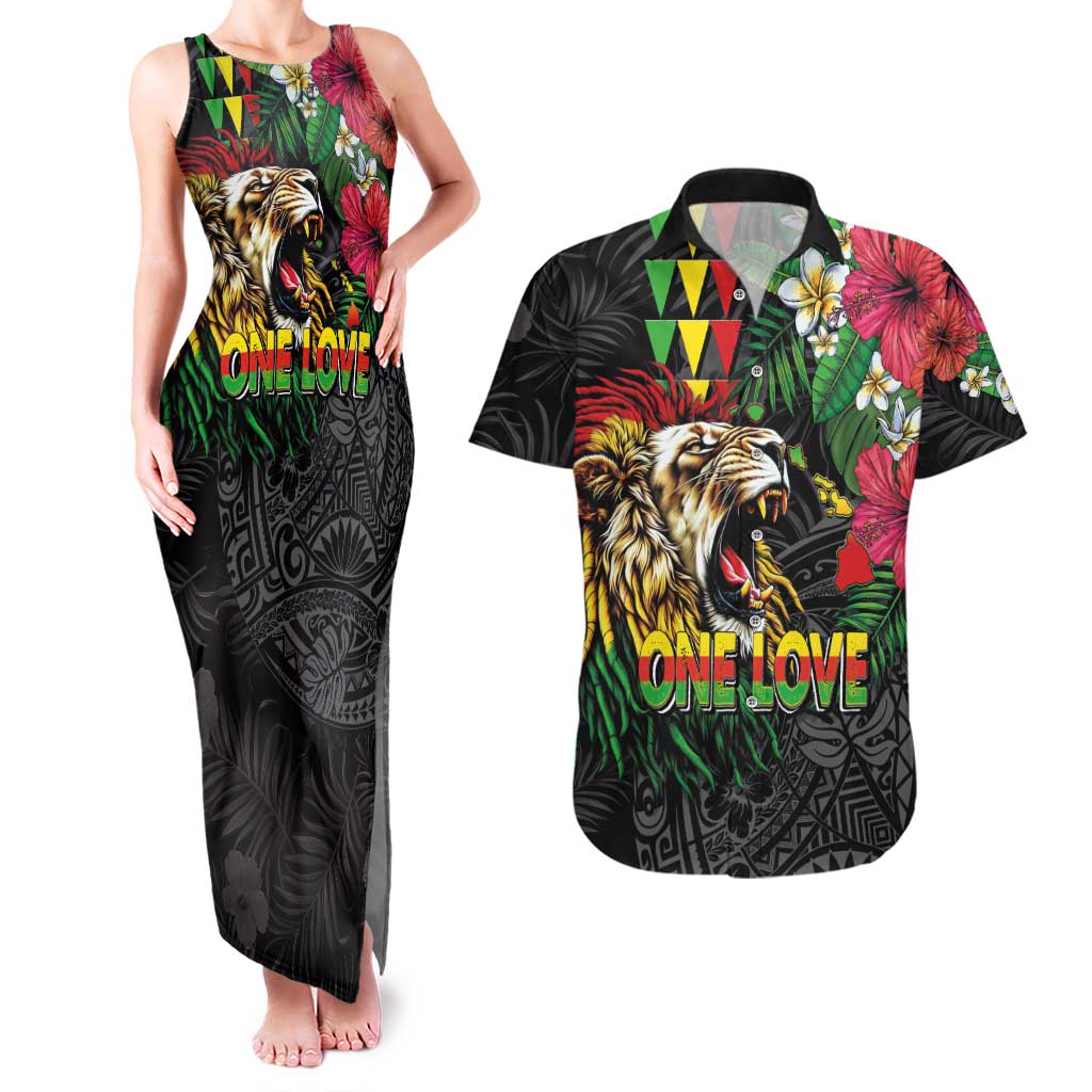Hawaiian One Love Couples Matching Tank Maxi Dress and Hawaiian Shirt Reggae Lion Tropical Plants and Kakau with Tribal Pattern LT03 Black - Polynesian Pride
