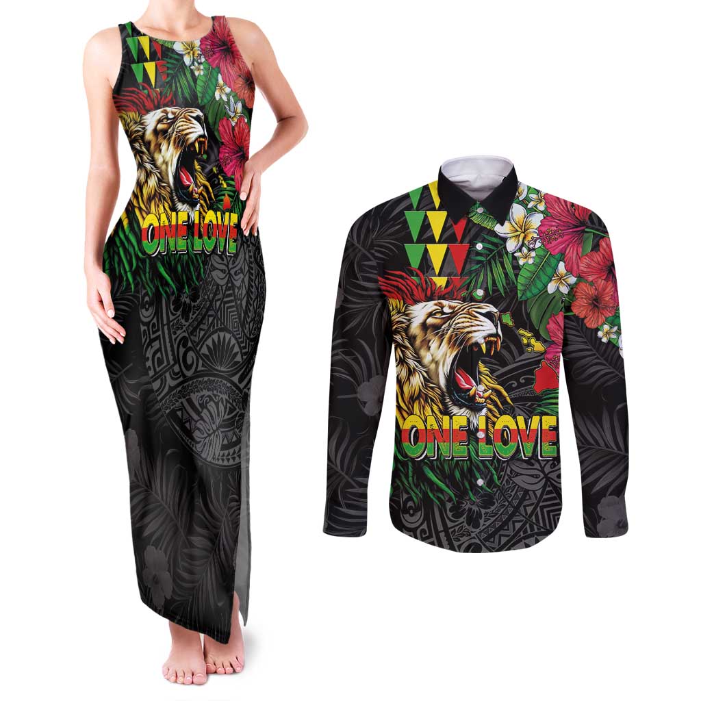 Hawaiian One Love Couples Matching Tank Maxi Dress and Long Sleeve Button Shirt Reggae Lion Tropical Plants and Kakau with Tribal Pattern LT03 Black - Polynesian Pride