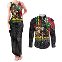 Hawaiian One Love Couples Matching Tank Maxi Dress and Long Sleeve Button Shirt Reggae Lion Tropical Plants and Kakau with Tribal Pattern LT03 Black - Polynesian Pride
