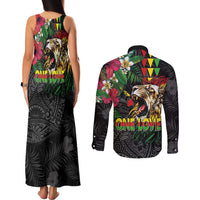 Hawaiian One Love Couples Matching Tank Maxi Dress and Long Sleeve Button Shirt Reggae Lion Tropical Plants and Kakau with Tribal Pattern LT03 - Polynesian Pride