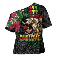 Hawaiian One Love Cross Shoulder Shirt Reggae Lion Tropical Plants and Kakau with Tribal Pattern