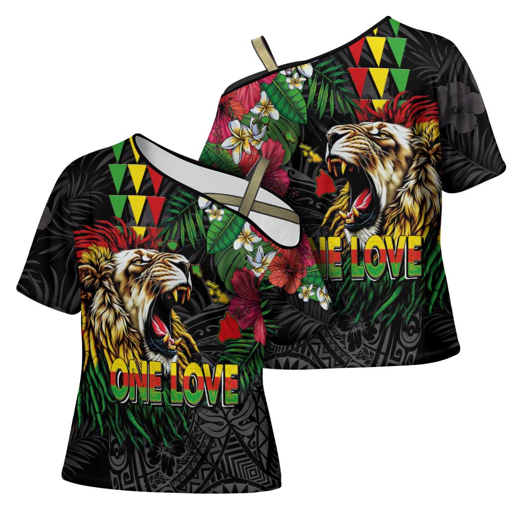 Hawaiian One Love Cross Shoulder Shirt Reggae Lion Tropical Plants and Kakau with Tribal Pattern