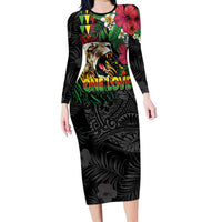 Hawaiian One Love Family Matching Long Sleeve Bodycon Dress and Hawaiian Shirt Reggae Lion Tropical Plants and Kakau with Tribal Pattern LT03 Mom's Dress Black - Polynesian Pride