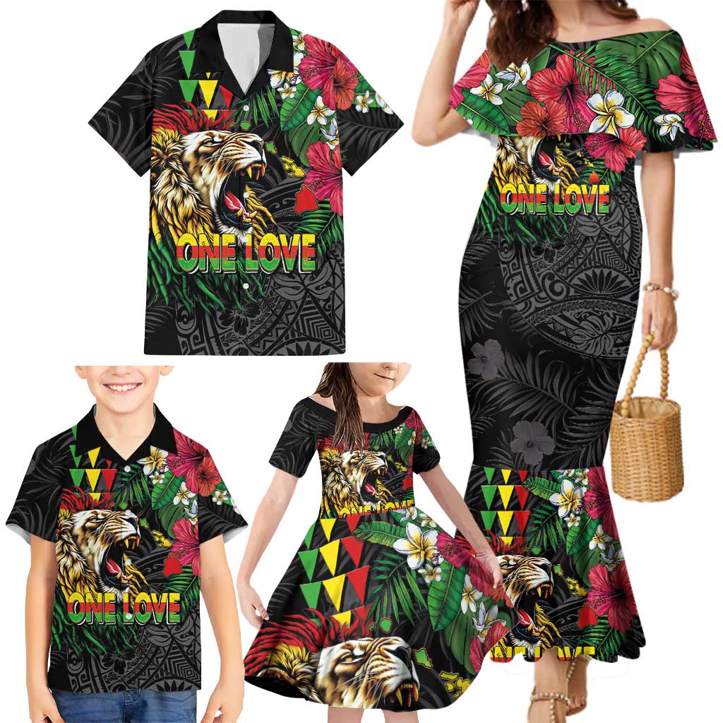 Hawaiian One Love Family Matching Mermaid Dress and Hawaiian Shirt Reggae Lion Tropical Plants and Kakau with Tribal Pattern LT03 - Polynesian Pride