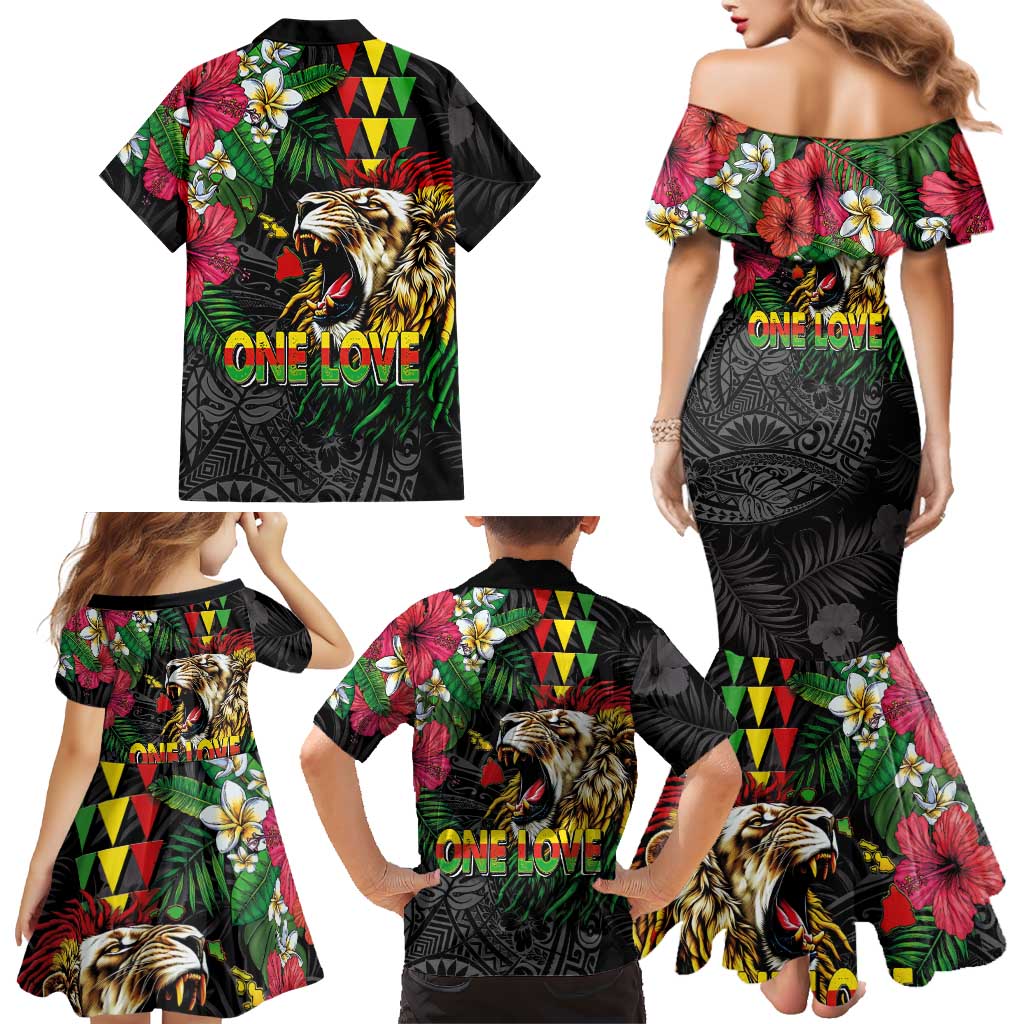 Hawaiian One Love Family Matching Mermaid Dress and Hawaiian Shirt Reggae Lion Tropical Plants and Kakau with Tribal Pattern LT03 - Polynesian Pride