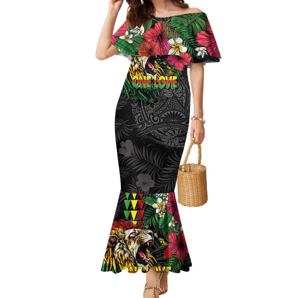 Hawaiian One Love Family Matching Mermaid Dress and Hawaiian Shirt Reggae Lion Tropical Plants and Kakau with Tribal Pattern LT03 Mom's Dress Black - Polynesian Pride