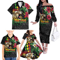 Hawaiian One Love Family Matching Off The Shoulder Long Sleeve Dress and Hawaiian Shirt Reggae Lion Tropical Plants and Kakau with Tribal Pattern LT03 - Polynesian Pride