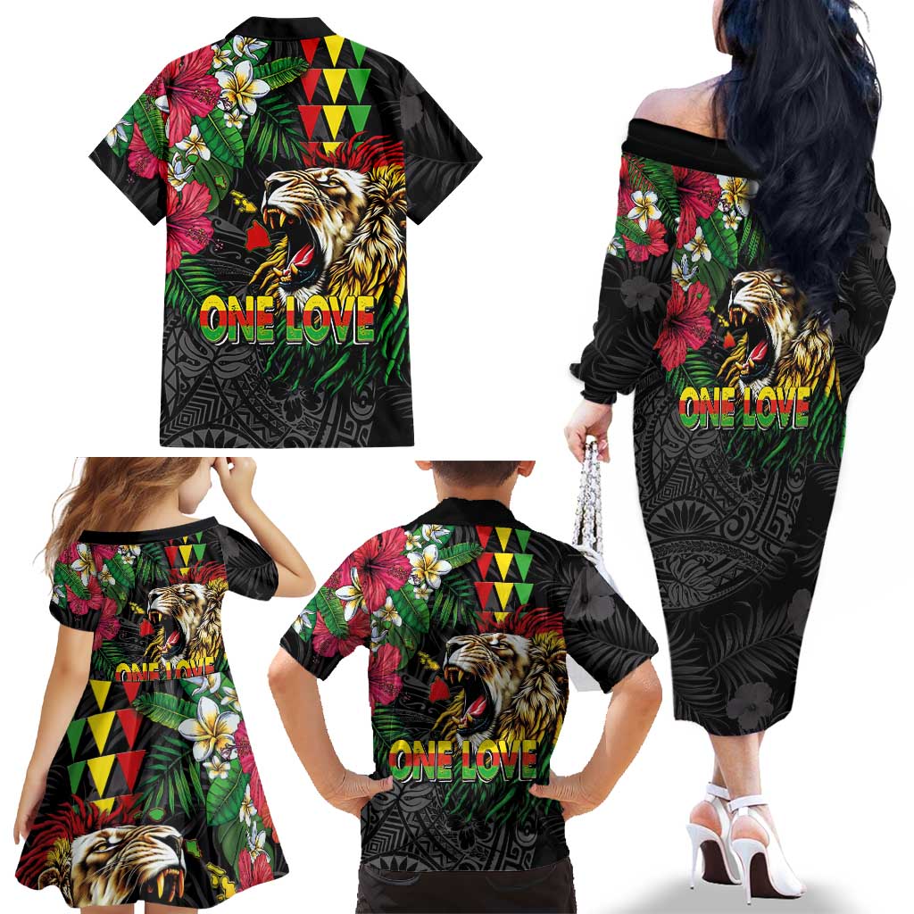 Hawaiian One Love Family Matching Off The Shoulder Long Sleeve Dress and Hawaiian Shirt Reggae Lion Tropical Plants and Kakau with Tribal Pattern LT03 - Polynesian Pride
