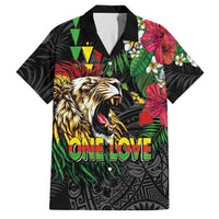 Hawaiian One Love Family Matching Off The Shoulder Long Sleeve Dress and Hawaiian Shirt Reggae Lion Tropical Plants and Kakau with Tribal Pattern LT03 Dad's Shirt - Short Sleeve Black - Polynesian Pride