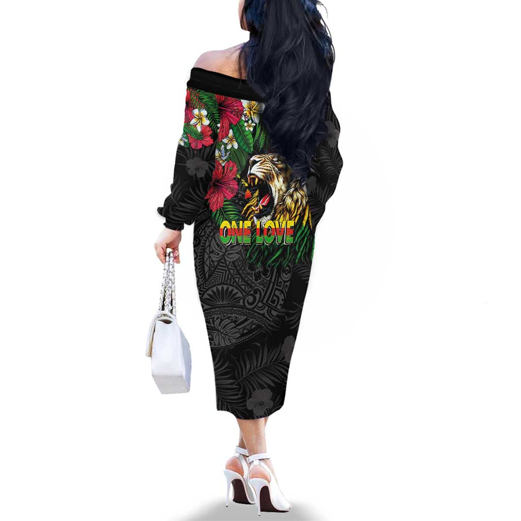 Hawaiian One Love Family Matching Off The Shoulder Long Sleeve Dress and Hawaiian Shirt Reggae Lion Tropical Plants and Kakau with Tribal Pattern LT03 - Polynesian Pride