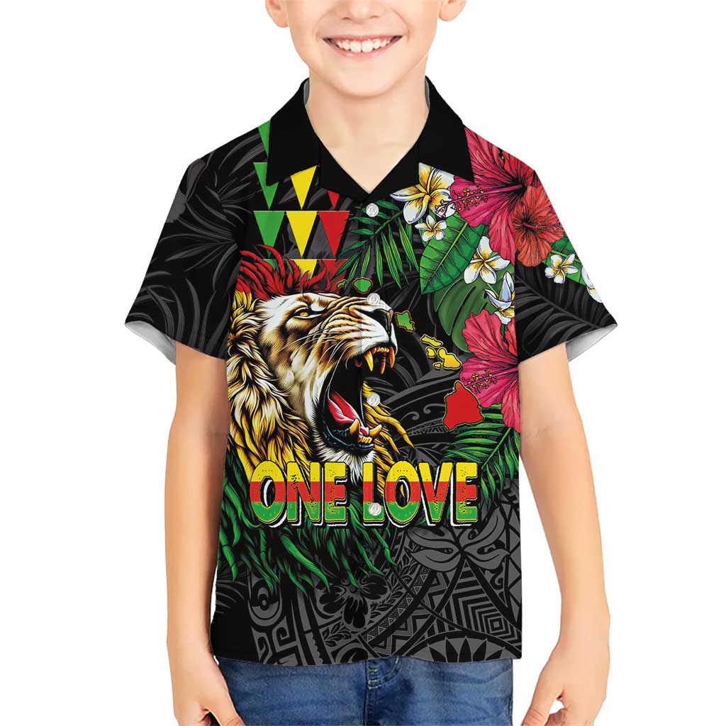 Hawaiian One Love Family Matching Off The Shoulder Long Sleeve Dress and Hawaiian Shirt Reggae Lion Tropical Plants and Kakau with Tribal Pattern LT03 Son's Shirt Black - Polynesian Pride