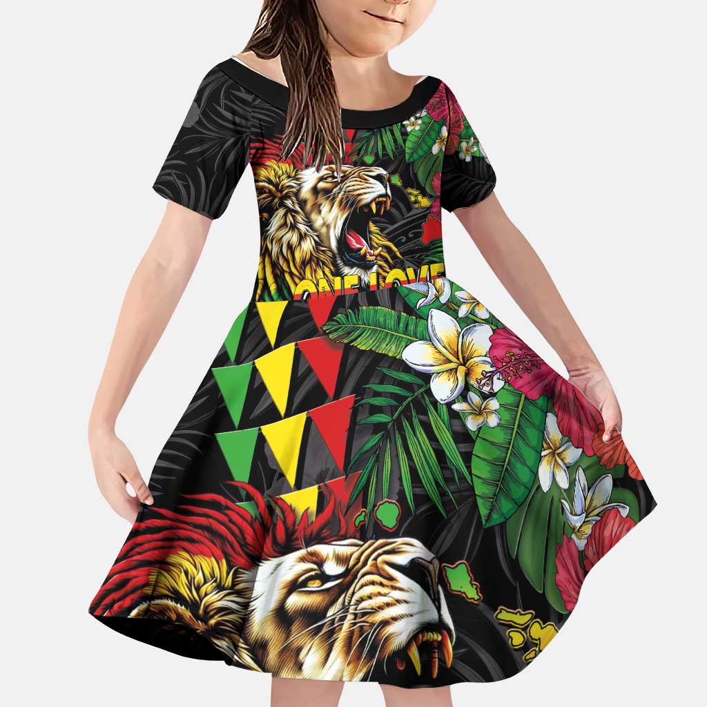 Hawaiian One Love Family Matching Off Shoulder Maxi Dress and Hawaiian Shirt Reggae Lion Tropical Plants and Kakau with Tribal Pattern LT03 Daughter's Dress Black - Polynesian Pride