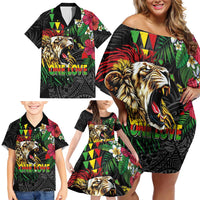 Hawaiian One Love Family Matching Off Shoulder Short Dress and Hawaiian Shirt Reggae Lion Tropical Plants and Kakau with Tribal Pattern LT03 - Polynesian Pride