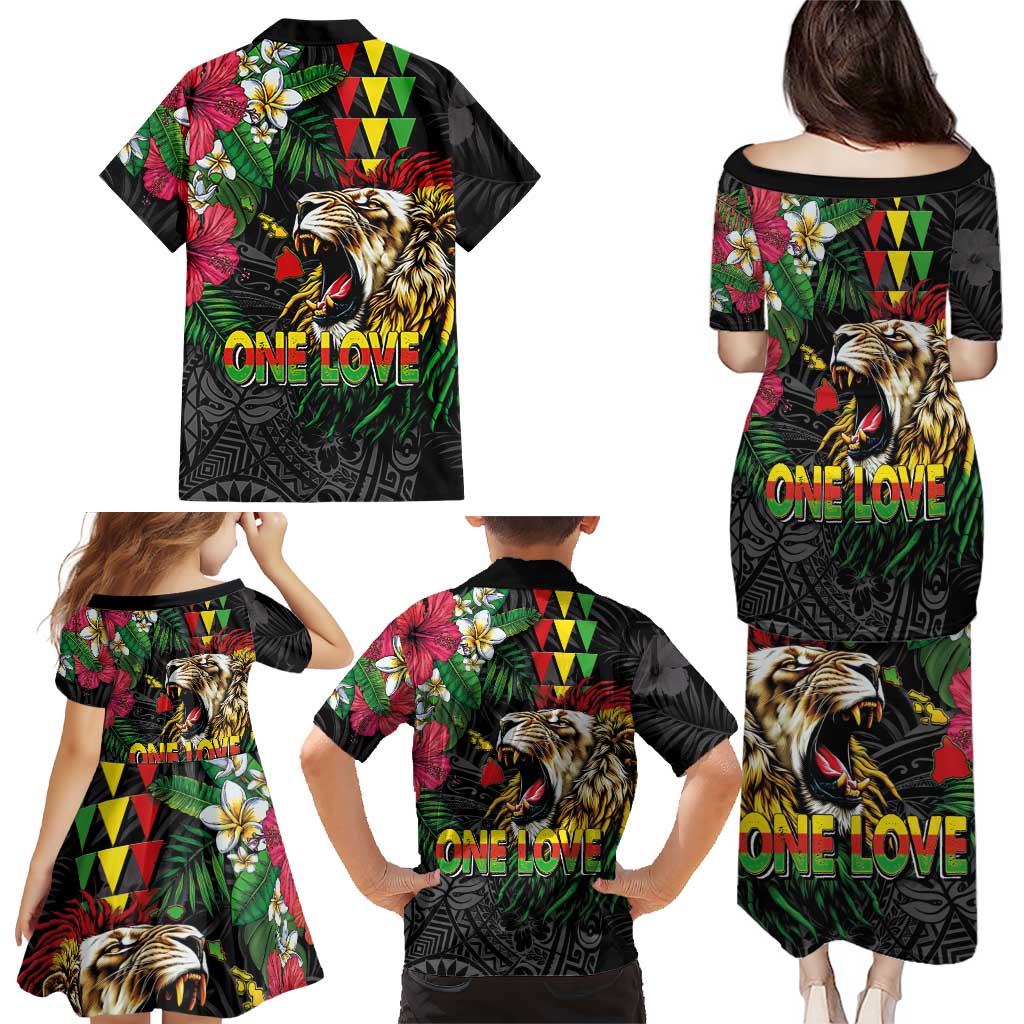Hawaiian One Love Family Matching Puletasi and Hawaiian Shirt Reggae Lion Tropical Plants and Kakau with Tribal Pattern LT03 - Polynesian Pride
