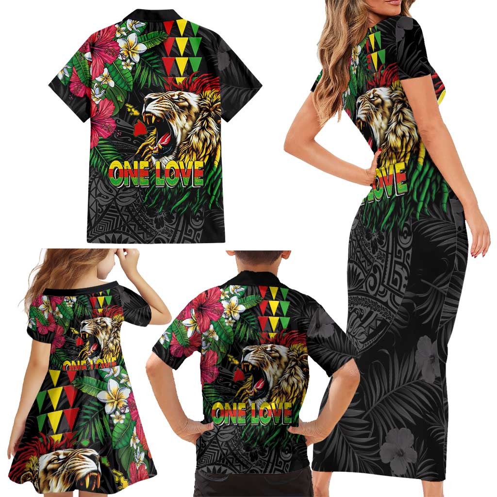 Hawaiian One Love Family Matching Short Sleeve Bodycon Dress and Hawaiian Shirt Reggae Lion Tropical Plants and Kakau with Tribal Pattern LT03 - Polynesian Pride