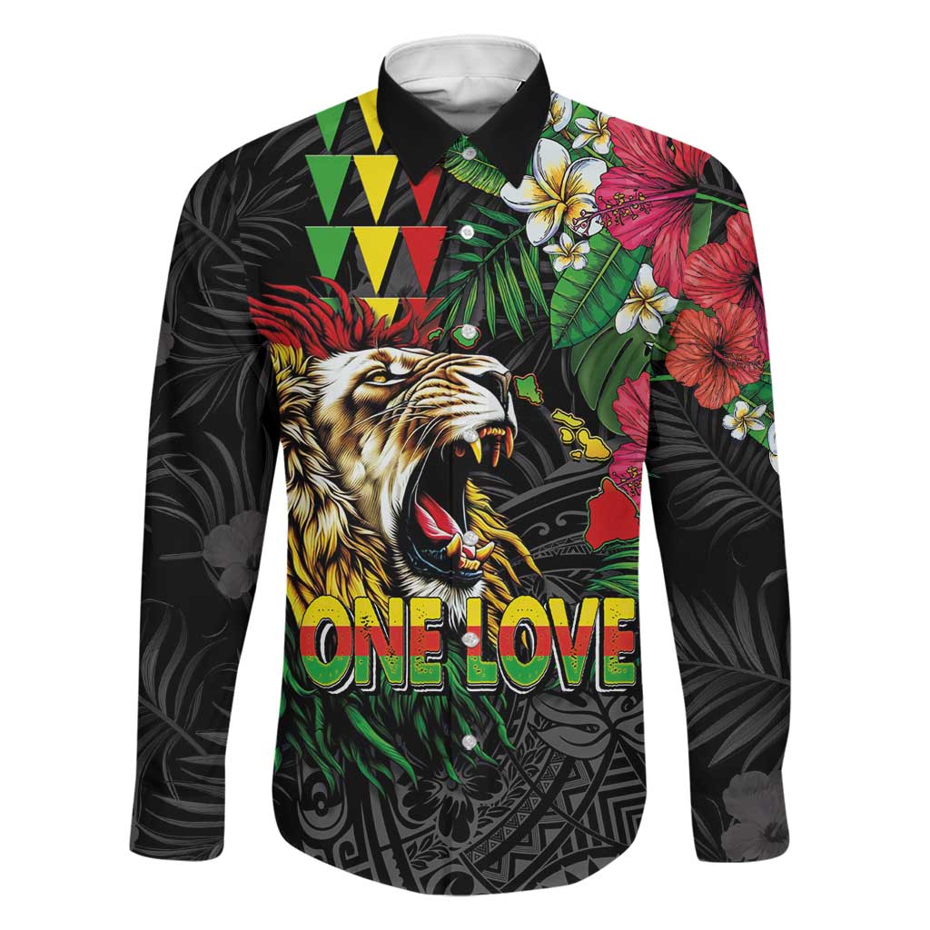 Hawaiian One Love Family Matching Short Sleeve Bodycon Dress and Hawaiian Shirt Reggae Lion Tropical Plants and Kakau with Tribal Pattern LT03 Dad's Shirt - Long Sleeve Black - Polynesian Pride