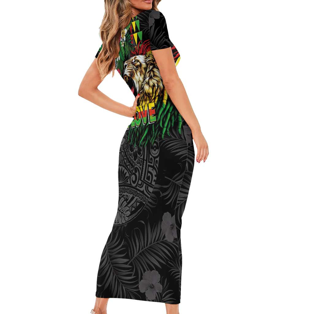 Hawaiian One Love Family Matching Short Sleeve Bodycon Dress and Hawaiian Shirt Reggae Lion Tropical Plants and Kakau with Tribal Pattern LT03 - Polynesian Pride