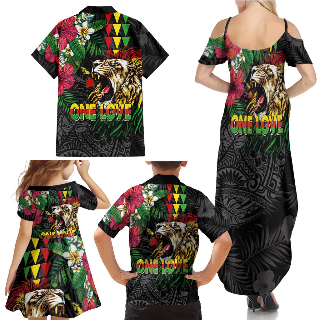 Hawaiian One Love Family Matching Summer Maxi Dress and Hawaiian Shirt Reggae Lion Tropical Plants and Kakau with Tribal Pattern LT03 - Polynesian Pride