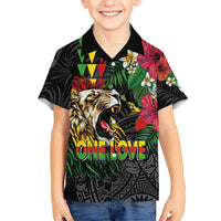 Hawaiian One Love Family Matching Summer Maxi Dress and Hawaiian Shirt Reggae Lion Tropical Plants and Kakau with Tribal Pattern LT03 Son's Shirt Black - Polynesian Pride