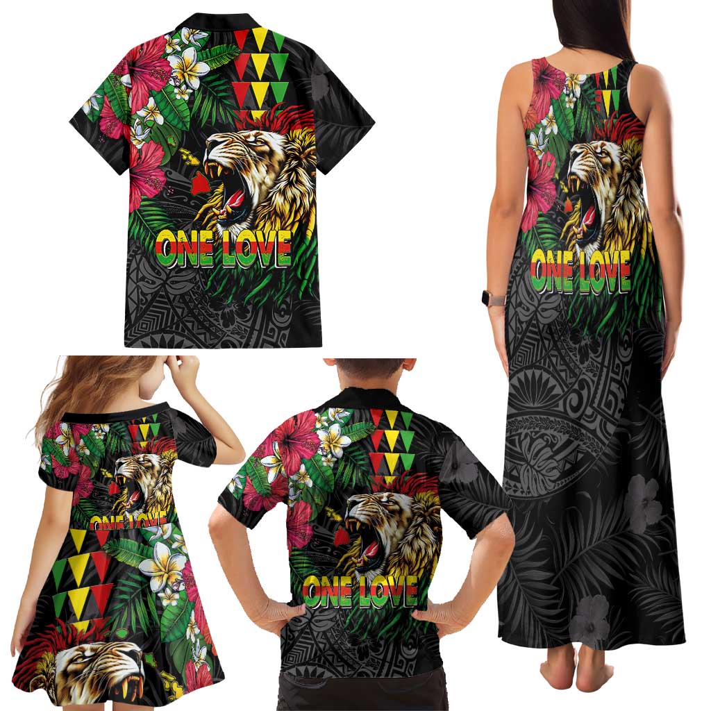 Hawaiian One Love Family Matching Tank Maxi Dress and Hawaiian Shirt Reggae Lion Tropical Plants and Kakau with Tribal Pattern LT03 - Polynesian Pride