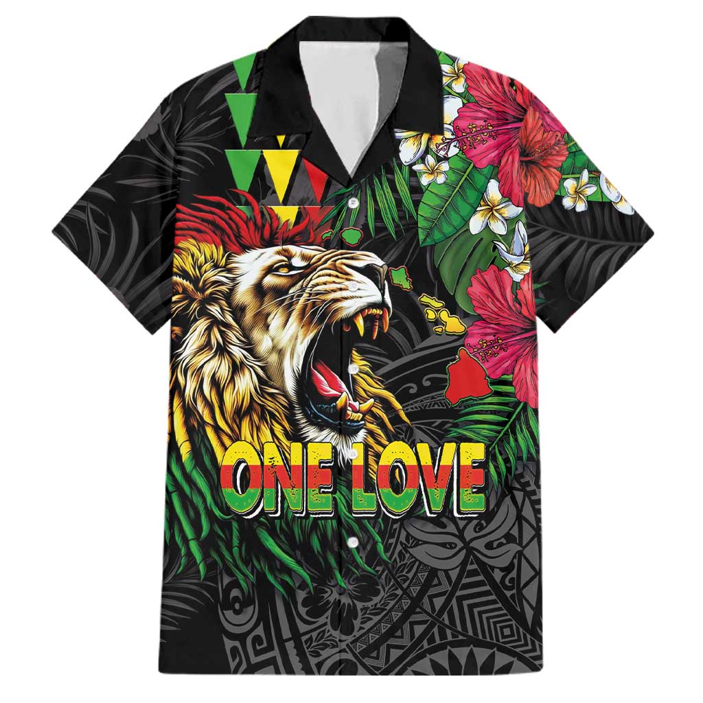 Hawaiian One Love Family Matching Tank Maxi Dress and Hawaiian Shirt Reggae Lion Tropical Plants and Kakau with Tribal Pattern LT03 Dad's Shirt - Short Sleeve Black - Polynesian Pride