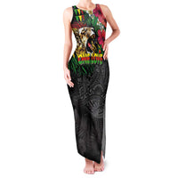 Hawaiian One Love Family Matching Tank Maxi Dress and Hawaiian Shirt Reggae Lion Tropical Plants and Kakau with Tribal Pattern LT03 Mom's Dress Black - Polynesian Pride