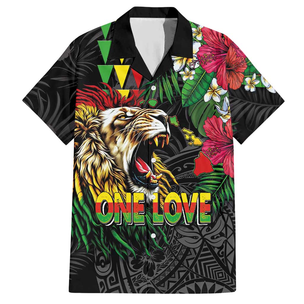 Hawaiian One Love Hawaiian Shirt Reggae Lion Tropical Plants and Kakau with Tribal Pattern