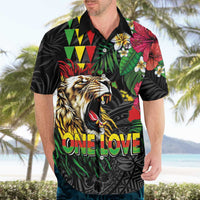 Hawaiian One Love Hawaiian Shirt Reggae Lion Tropical Plants and Kakau with Tribal Pattern