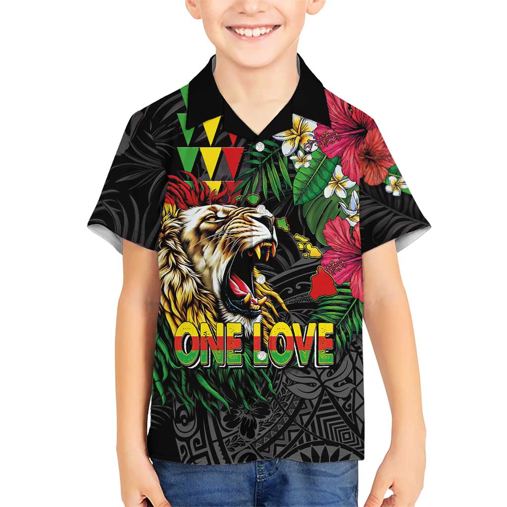 Hawaiian One Love Hawaiian Shirt Reggae Lion Tropical Plants and Kakau with Tribal Pattern