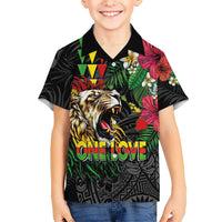 Hawaiian One Love Hawaiian Shirt Reggae Lion Tropical Plants and Kakau with Tribal Pattern