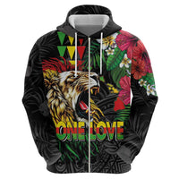 Hawaiian One Love Hoodie Reggae Lion Tropical Plants and Kakau with Tribal Pattern