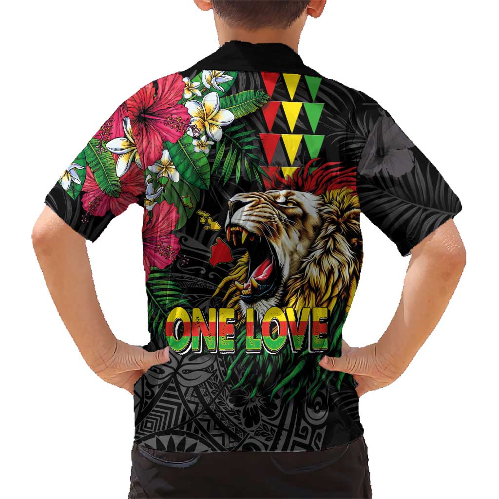 Hawaiian One Love Kid Hawaiian Shirt Reggae Lion Tropical Plants and Kakau with Tribal Pattern