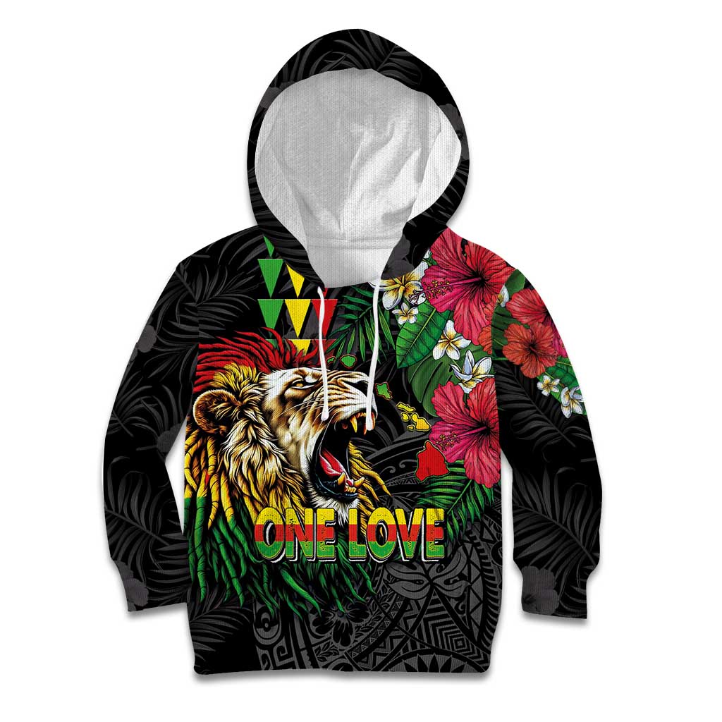 Hawaiian One Love Kid Hoodie Reggae Lion Tropical Plants and Kakau with Tribal Pattern