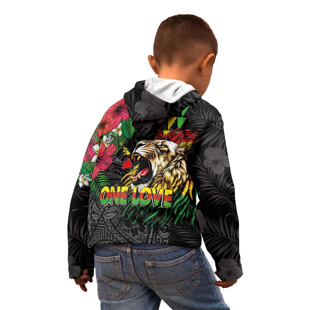 Hawaiian One Love Kid Hoodie Reggae Lion Tropical Plants and Kakau with Tribal Pattern