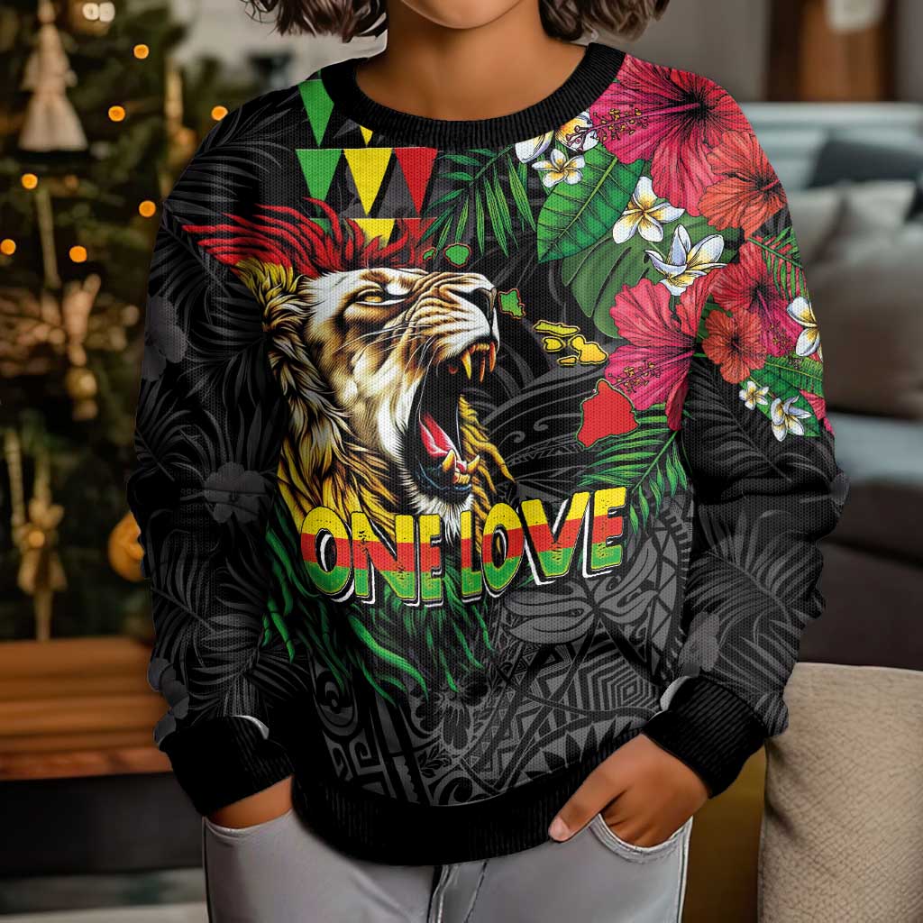 Hawaiian One Love Kid Ugly Christmas Sweater Reggae Lion Tropical Plants and Kakau with Tribal Pattern