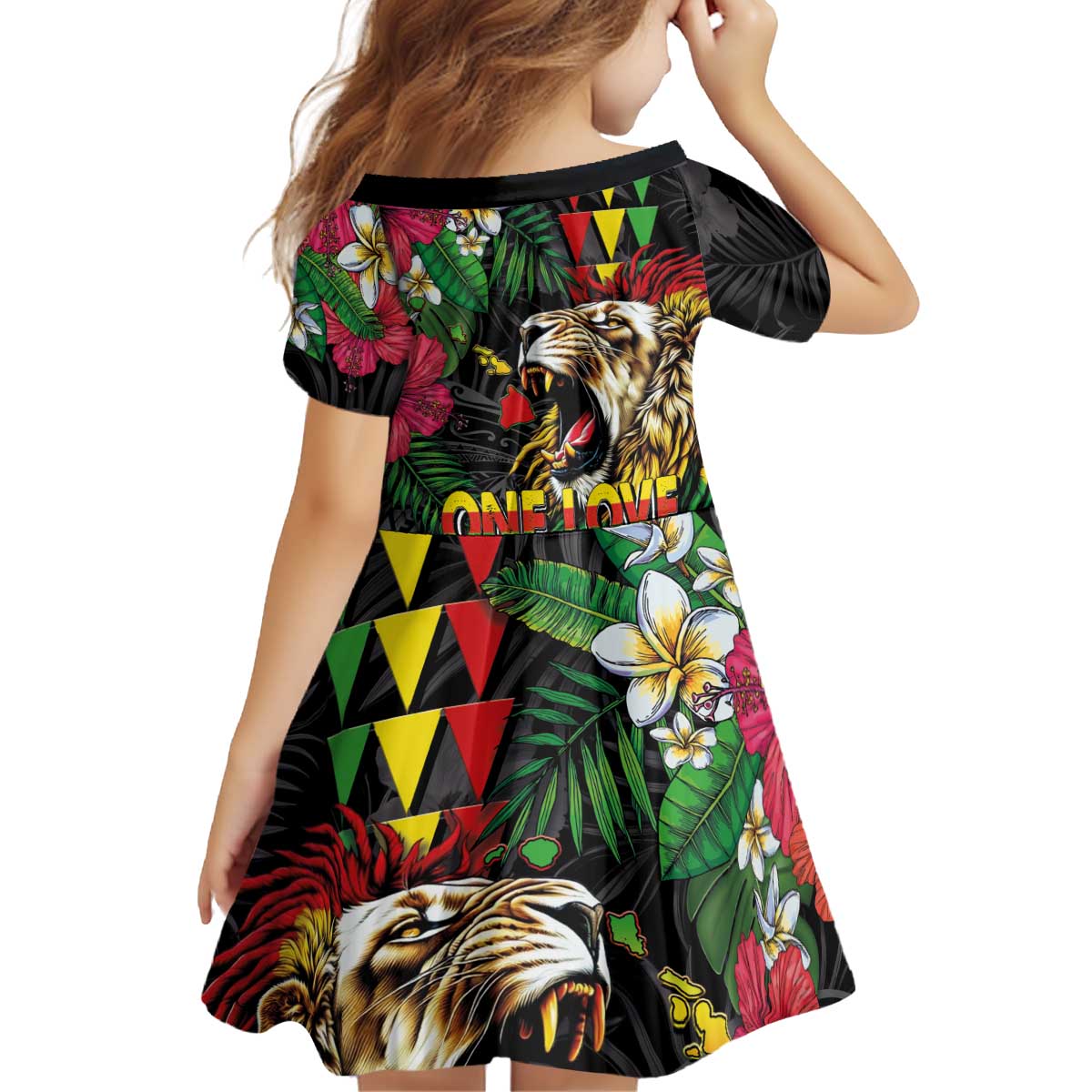 Hawaiian One Love Kid Short Sleeve Dress Reggae Lion Tropical Plants and Kakau with Tribal Pattern