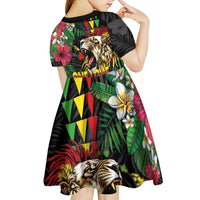 Hawaiian One Love Kid Short Sleeve Dress Reggae Lion Tropical Plants and Kakau with Tribal Pattern