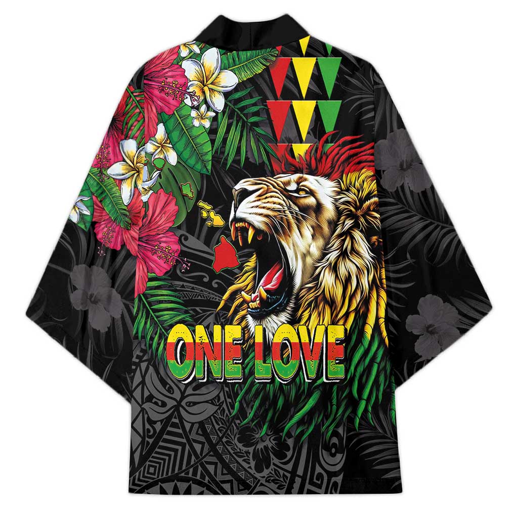 Hawaiian One Love Kimono Reggae Lion Tropical Plants and Kakau with Tribal Pattern