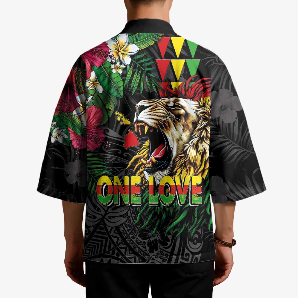 Hawaiian One Love Kimono Reggae Lion Tropical Plants and Kakau with Tribal Pattern