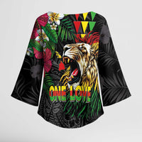 Hawaiian One Love Kimono Sleeve Blouse Reggae Lion Tropical Plants and Kakau with Tribal Pattern