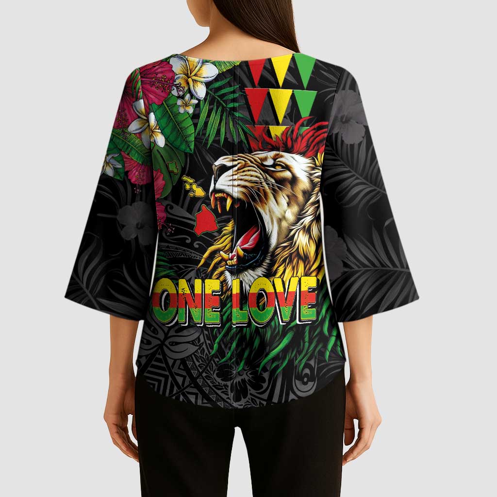 Hawaiian One Love Kimono Sleeve Blouse Reggae Lion Tropical Plants and Kakau with Tribal Pattern