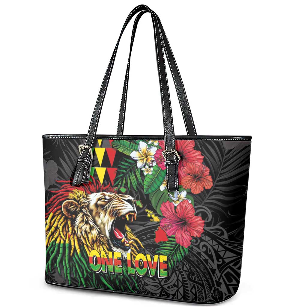 Hawaiian One Love Leather Tote Bag Reggae Lion Tropical Plants and Kakau with Tribal Pattern