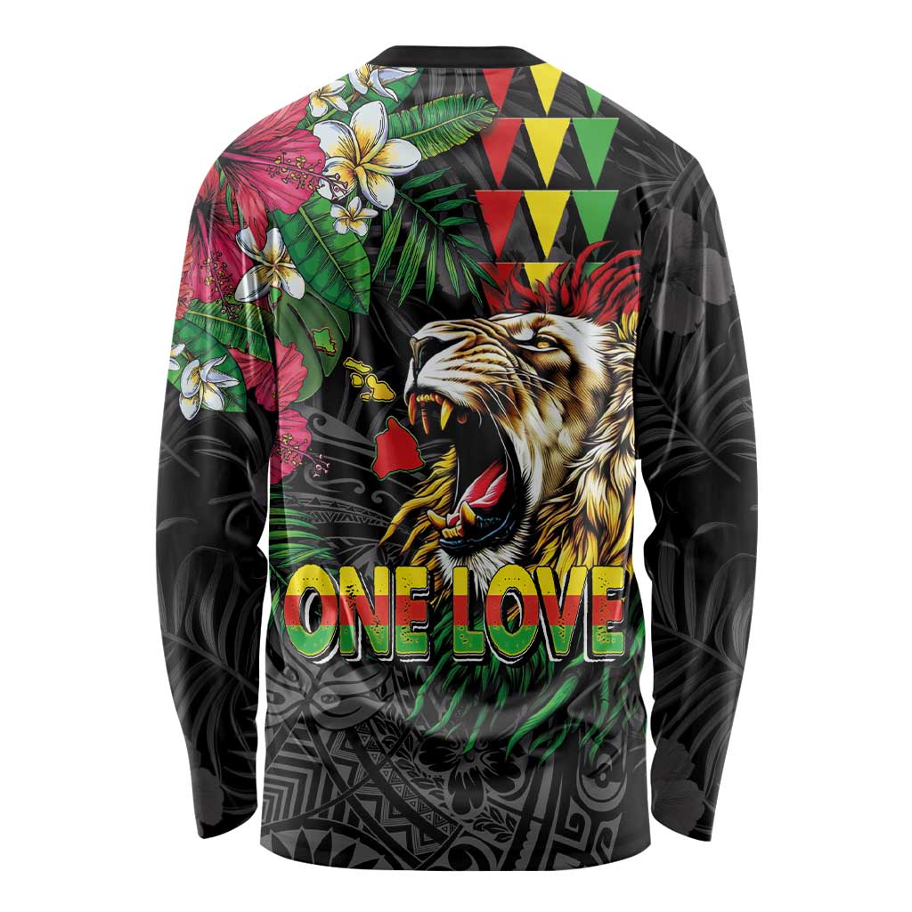 Hawaiian One Love Long Sleeve Shirt Reggae Lion Tropical Plants and Kakau with Tribal Pattern