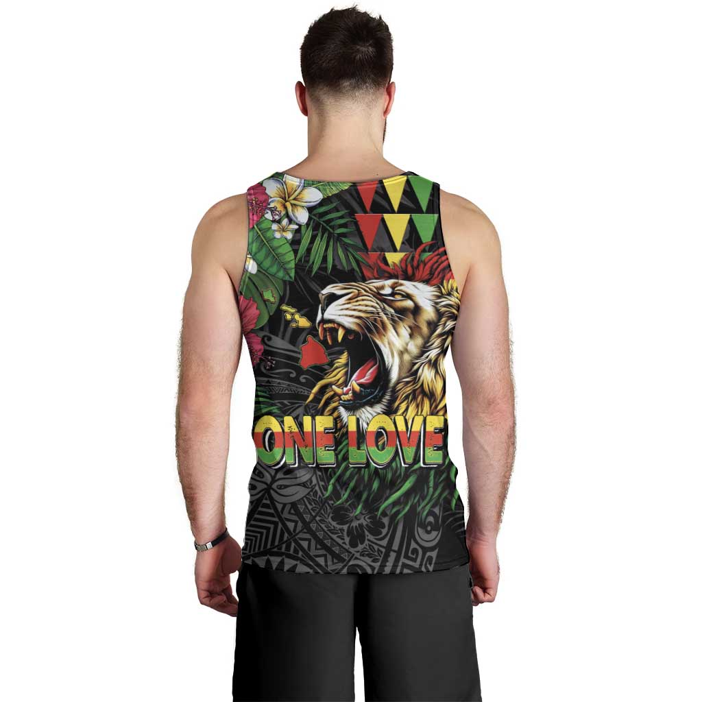 Hawaiian One Love Men Tank Top Reggae Lion Tropical Plants and Kakau with Tribal Pattern