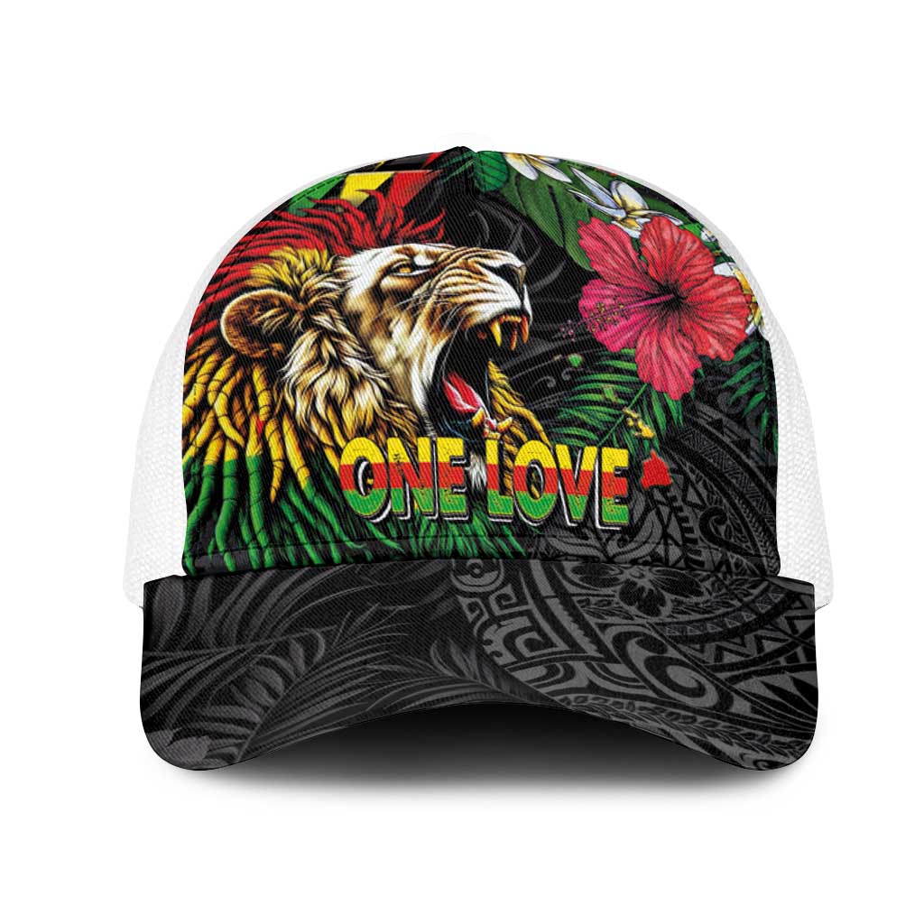 Hawaiian One Love Mesh Trucker Cap Reggae Lion Tropical Plants and Kakau with Tribal Pattern