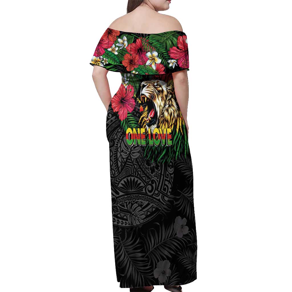 Hawaiian One Love Off Shoulder Maxi Dress Reggae Lion Tropical Plants and Kakau with Tribal Pattern