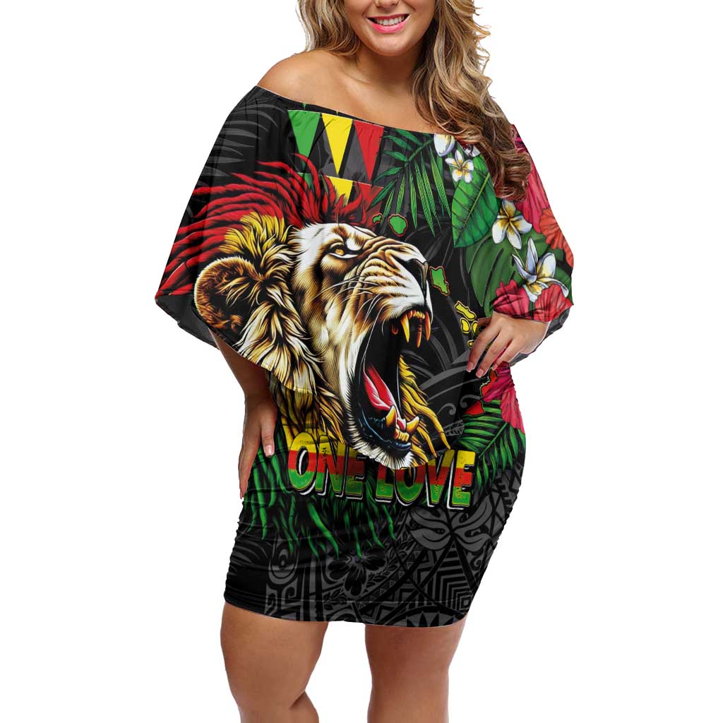 Hawaiian One Love Off Shoulder Short Dress Reggae Lion Tropical Plants and Kakau with Tribal Pattern