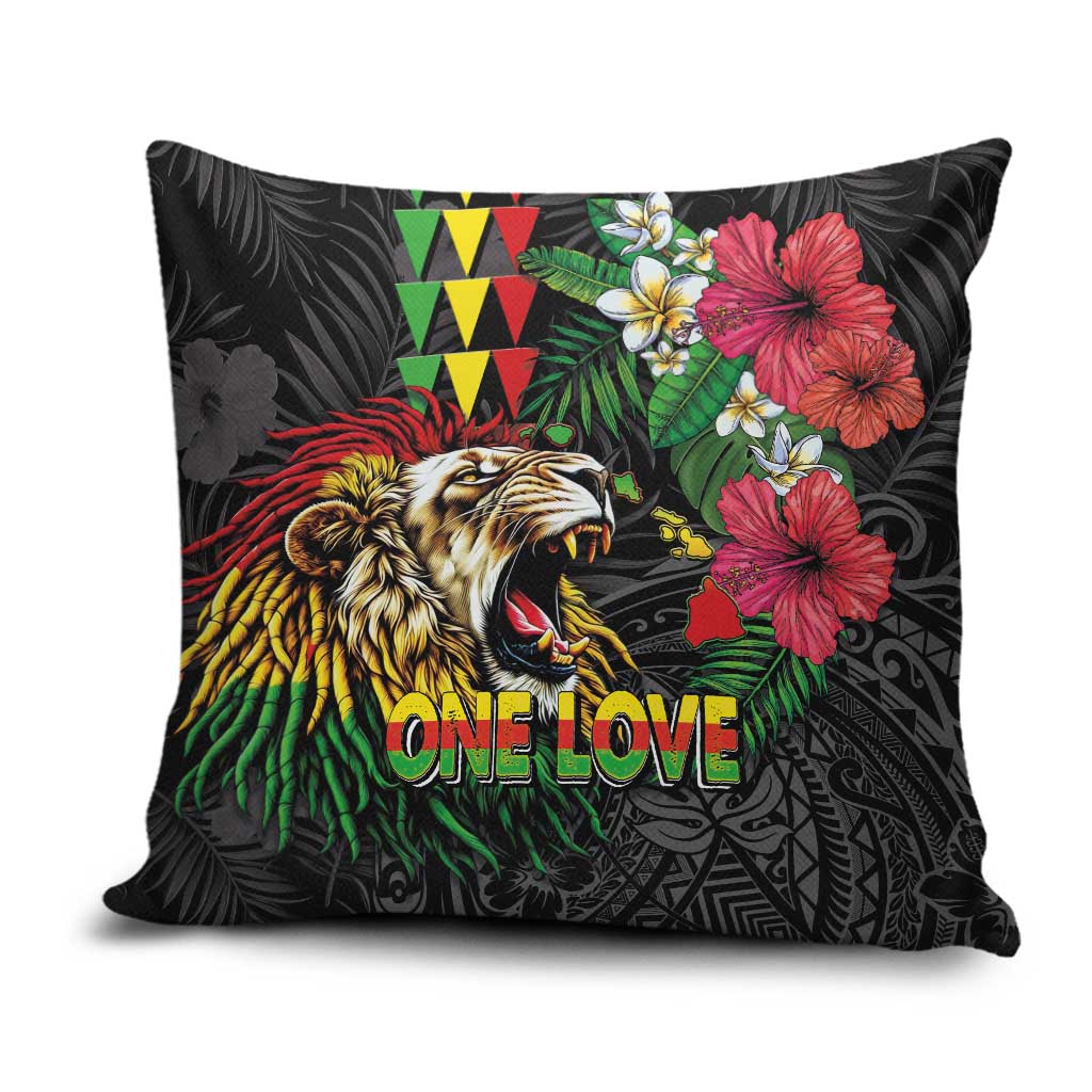 Hawaiian One Love Pillow Cover Reggae Lion Tropical Plants and Kakau with Tribal Pattern