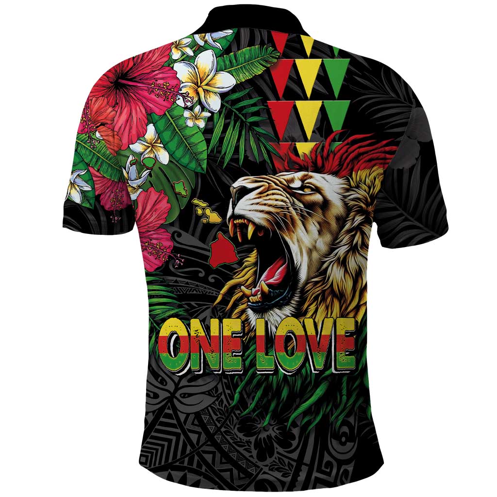 Hawaiian One Love Polo Shirt Reggae Lion Tropical Plants and Kakau with Tribal Pattern