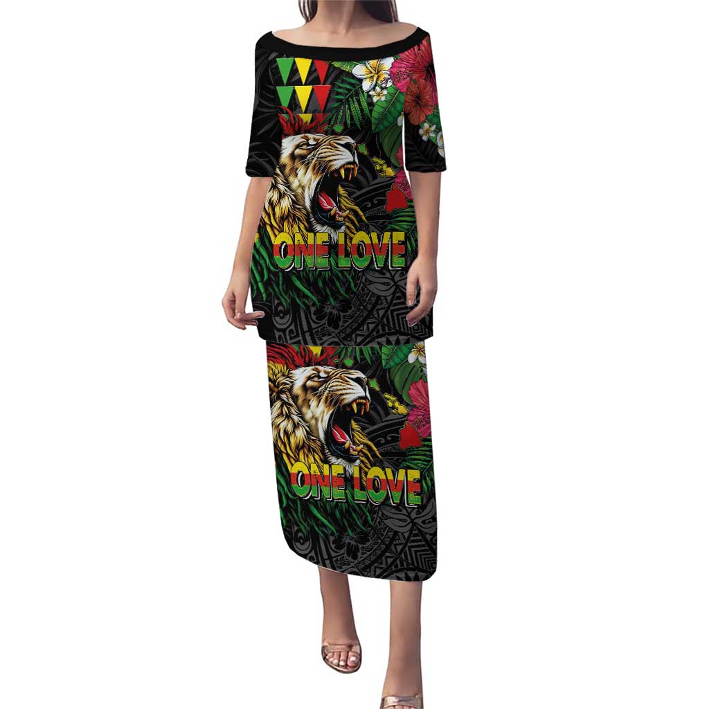 Hawaiian One Love Puletasi Reggae Lion Tropical Plants and Kakau with Tribal Pattern
